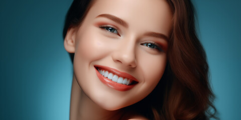 Portrait of Beautiful Smiling Young Woman on Blue Background. Beauty Girl Face with Healthy Clean Skin and Healthy Teeth. Teeth Whitening and Dentist Ttreatment concept. Beauty, Cosmetology and Spa	