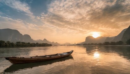 guilin over the sunsets with boat on the river - obrazy, fototapety, plakaty