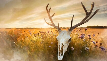 watercolor background deer skull with summer wildflowers - obrazy, fototapety, plakaty