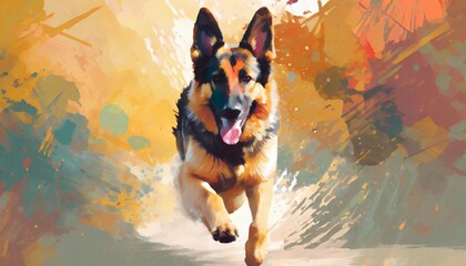 adorable german shepherd dog running illustration vector in abstract mixed grunge colors digital painting in minimal colorful graphic art style digital illustration generative ai - obrazy, fototapety, plakaty