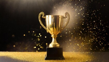 champion golden trophy isolated on black background concept of success and achievement gold glitters explosion - obrazy, fototapety, plakaty