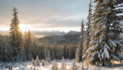 a beautiful forest scene in winter with pine trees laden with snow in the cascade mountains in washington state - obrazy, fototapety, plakaty