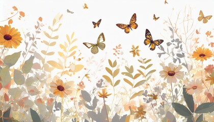 fleurs feuilles plantes et papillons volants multicolores abstraits sans couture vecteurs de motif isoles sur fond blanc illustration panoramique prairie d ete ia generative generative ia - obrazy, fototapety, plakaty