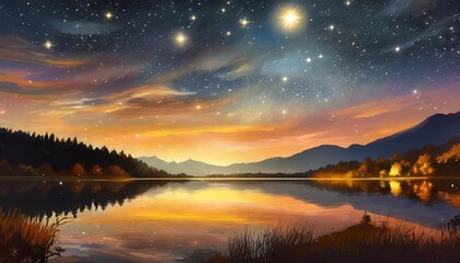 a beautiful magical landscape illustration of a night full of stars at a lake anime manga artwork - obrazy, fototapety, plakaty
