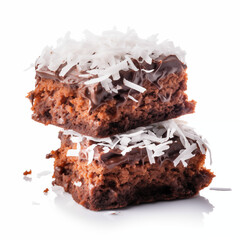 two chocolate brownies stacked with shredded coconut on top, gooey, isolated on white background