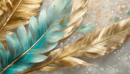 blue turquoise and gray leaf and feather design golden touches on a 3d light drawing wallpaper photography high resolution - obrazy, fototapety, plakaty