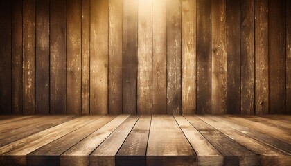 old planks wall and table with light empty space vintage wooden background and spotlight showroom - obrazy, fototapety, plakaty