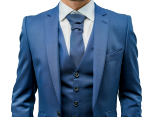 A man in a blue suit and white shirt is wearing a blue tie, cut out - stock png.