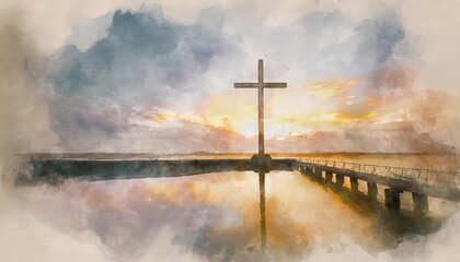 cross on abstract watercolor background - obrazy, fototapety, plakaty