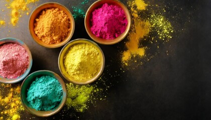 organic colors gulal in bowl for holi festival on dark background colorful holi powders top view flat lay copy space