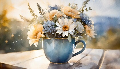 beautiful watercolor bouquet of flowers in a blue cup