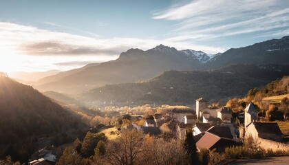 village de montagne dans les pyrenees ariegeoises dans le sud ouest de la france - obrazy, fototapety, plakaty