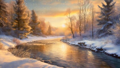 winter landscape with forest and river magical fantasy winter background digital art illustration
