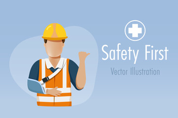 Safety first, accident at construction site. Broken arm industrial worker with soft splint pointing at safety first sign, remind for safety rules in workplace. Vector.