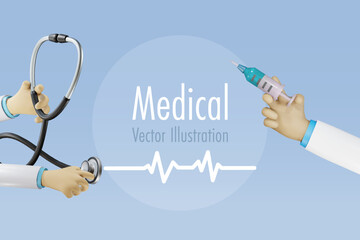 Medical service, and health care hospital. Doctor hands holding stethoscope for diagnose patient and syringe for injection. 3D vector.