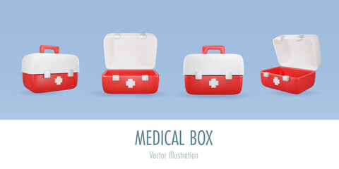Medical box set. First aid box for domestic medical and health care. 3D vector.