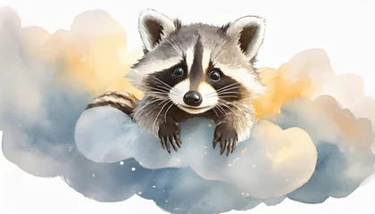 Poster cute baby raccoon character cute girl raccoon on cloud watercolour illustration isolated on white background © Katherine