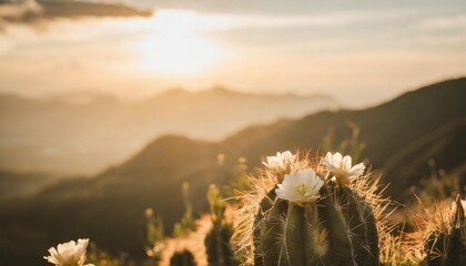 cactus flowers in the mountain top blur background