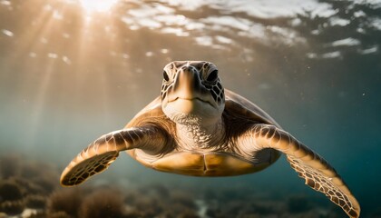 portrait of a happy sea turtle swimming underwater generative ai - obrazy, fototapety, plakaty