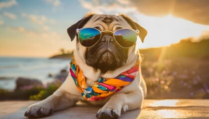 a cute pug dog wearing stylish sunglasses and a colorful bandana perfect for pet accessories or summer themes