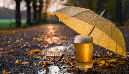 a yellow umbrella is seen resting on top of a wet ground with scattered leaves and puddles around it holding a glass of foamy beer during oktoberfest - obrazy, fototapety, plakaty