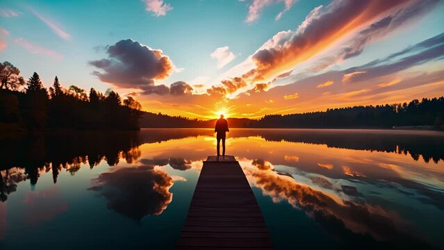 A figure stands on a wooden dock watching as the vibrant colors of the sunset reflect off the tranquil lake. . .
