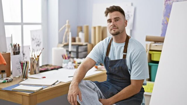 Contemplative hispanic man in studio with art supplies and blank canvas wearing apron and casual clothing, embodying creativity.
