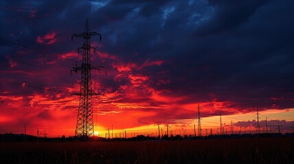 Fototapeta premium Silhouette of high voltage tower on sunset background.