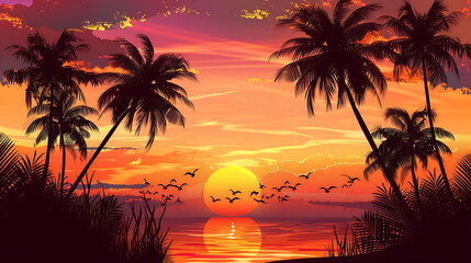 Evening Glow: Sunset Dance among the Palms
