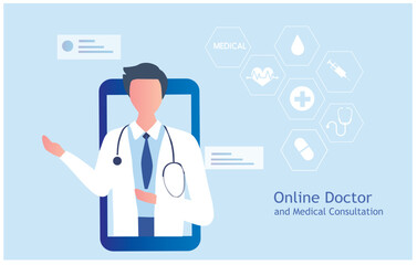 Online doctor and medical consultation concept. Woman using laptop online connect to doctor, doctor online vector illustration