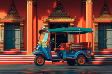 A tuk tuk is parked on the road in a beautiful Thai temple.	
