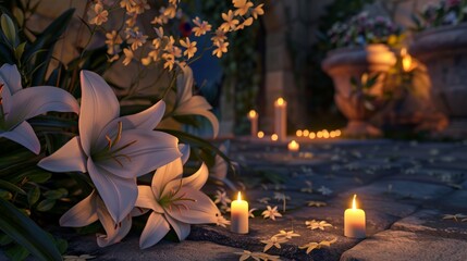 Experience the beauty of twilight tranquility as you behold a scene of quiet elegance, where lilies and the gentle glow of candles fill a space with serene beauty