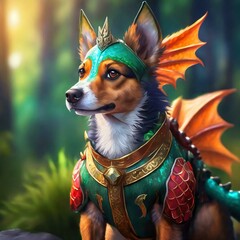 Portrait of a dog in a dragon costume
