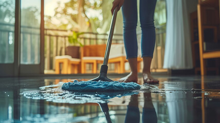 Fototapeta premium In a sunny domestic setting, an individual skillfully mops a glistening wet floor, reflecting a dedication to cleanliness, AI Generative.
