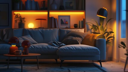 Interior of a cozy living room with a comfortable grey sofaambient lighting provided by softly glowing lamps, offering a peaceful retreat from the hustle and bustle of everyday life