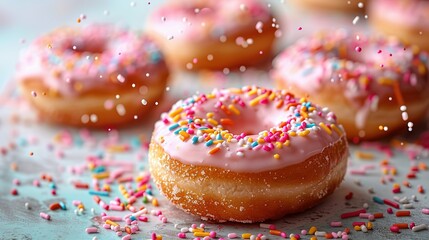 Donuts with colorful sprinkles floating in the air