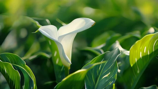 Surrounded by lustrous, undulating green leaves, a pristine white calla lily flower showcases its distinctive funnel shape. 