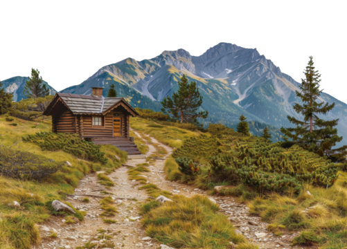 A cabin is on a dirt road in the mountains, cut out - stock png. - Powered by Adobe