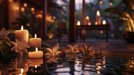 Enter a world of serenity and beauty as twilight descends, casting a gentle glow over a tranquil interior adorned with lilies and flickering candles