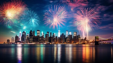New Years Eve with colorful Fireworks over New York City skyline long exposure