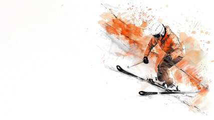 Skier in action on slope of the snow in orange watercolor painting art