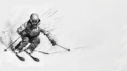 Fototapeta na wymiar Skier in action on slope of the snow in pencil sketch art