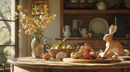 Fototapeta premium Step into an Easter dining room filled with warmth and joy, where a round table showcases a delectable cake, an enchanting hare sculpture, a rustic wooden tray, a vase brimming with fresh leaves, 