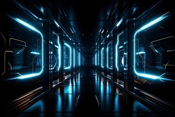 Futuristic Metallic Grunge Corridor Illuminated with Neon Lights Sci Fi D Render