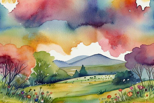 Experience the magic of a colorful watercolor illustration featuring a whimsical meadow and vibrant rainbow

