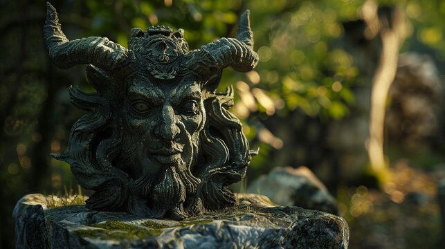 A sinister demon statue blending into the natural landscape , photo realistic render