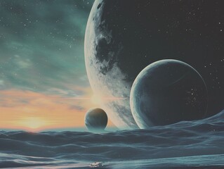 Fantasy outer space landscape with planets and moons in a starry galaxy scene.