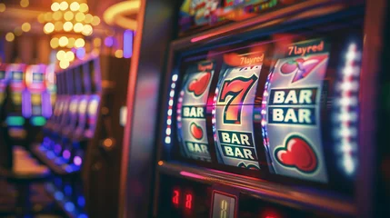 Foto op Canvas A slot machine with a bar sign and three reels with the number seven on them © PPstock
