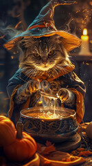 A cat in a witch costume is pouring a liquid into a cauldron