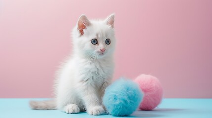 Adorable white kitten playing with a fuzzy ball on pink and blue background